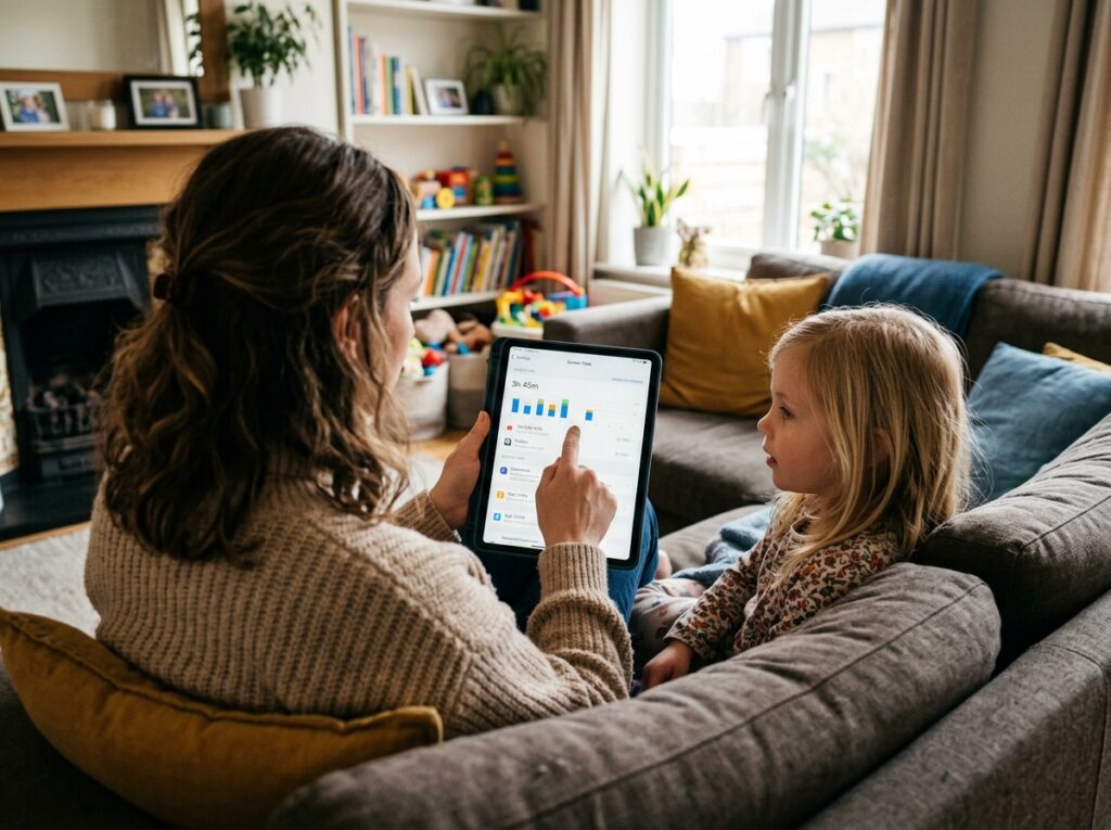Ebeveyn ve çocuk iPad'de iOS 27 Ekran Süresi ayarlarını inceliyor