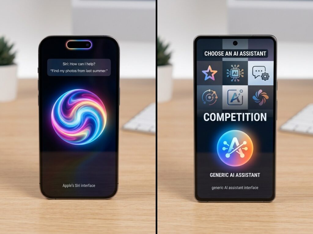 İki akıllı telefon yan yana, birinde Siri arayüzü diğerinde yapay zeka asistanı simgesi, Apple ve Meta arasında yapay zeka rekabeti