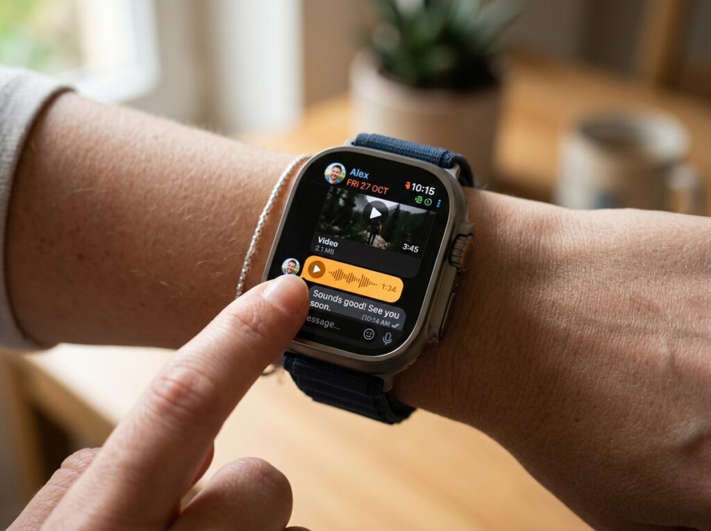 Apple Watch ekranında Telegram sesli mesaj dalga formu ve video küçük resmi